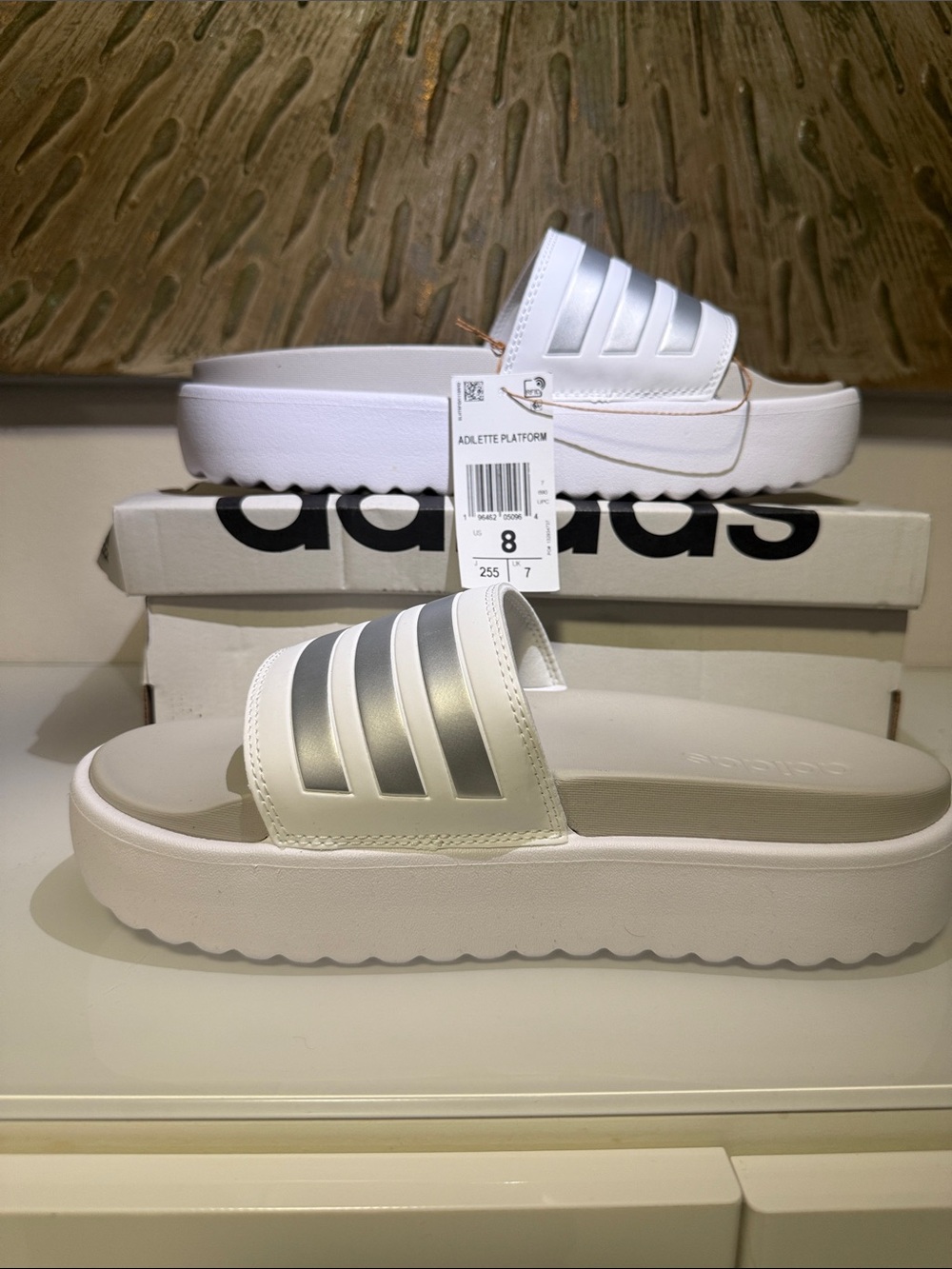 Adidas Summer Adilette Platform Slides in White and Gray NWT Size 40.5